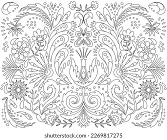 Mexican flower traditional pattern background in coloring style. Ethnic embroidery decoration ornament. Flower symmetry texture. Festive mexican floral motif. Vector illustration