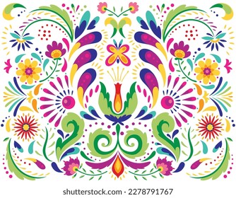 Fondo tradicional de flores mexicanas. El adorno de decoración de bordado étnico. Textura de simetría de flores. Dibujo folclórico, fondo de pantalla. Motif floral mexicano festivo. Ilustración del vector