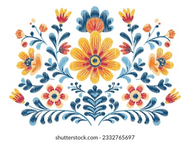 Mexican flower traditional pattern background. Mexican ethnic embroidery decoration ornament. Flower symmetry texture. Ornate folk graphic, wallpaper. Festive mexican floral motif. Vector illustration