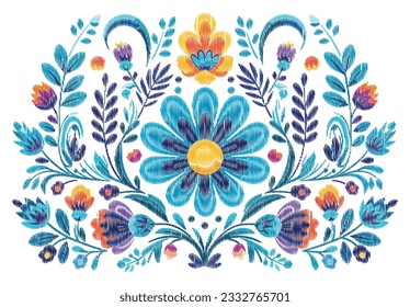 Mexican flower traditional pattern background. Mexican ethnic embroidery decoration ornament. Flower symmetry texture. Ornate folk graphic, wallpaper. Festive mexican floral motif. Vector illustration