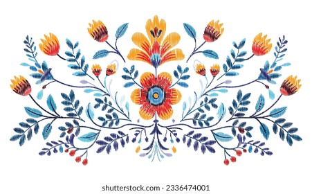 Mexican flower traditional pattern background. Mexican ethnic embroidery decoration ornament. Flower symmetry texture. Ornate folk graphic, wallpaper. Festive mexican floral motif. Vector illustration