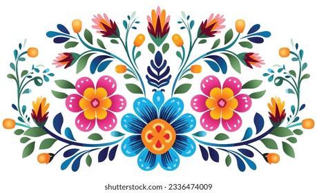 Fondo tradicional de flores mexicanas. El adorno de decoración de bordado étnico mexicano. Textura de simetría de flores. Dibujo folclórico, fondo de pantalla. Motif floral mexicano festivo. Ilustración del vector