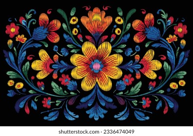 Mexican flower traditional pattern background. Mexican ethnic embroidery decoration ornament. Flower symmetry texture. Ornate folk graphic, wallpaper. Festive mexican floral motif. Vector illustration