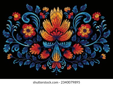 Mexican flower traditional pattern background. Mexican ethnic embroidery decoration ornament. Flower symmetry texture. Ornate folk graphic, wallpaper. Festive mexican floral motif. Vector illustration