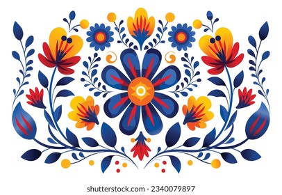 Mexican flower traditional pattern background. Mexican ethnic embroidery decoration ornament. Flower symmetry texture. Ornate folk graphic, wallpaper. Festive mexican floral motif. Vector illustration