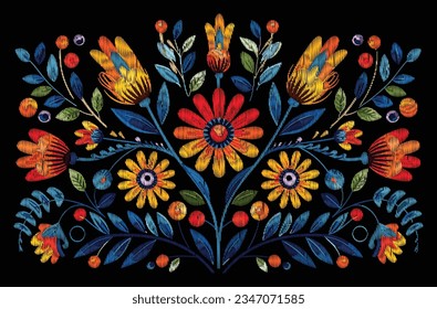 Fondo tradicional de flores mexicanas. El adorno de decoración de bordado étnico mexicano. Textura de simetría de flores. Dibujo folclórico, fondo de pantalla. Motif floral mexicano festivo. Ilustración del vector