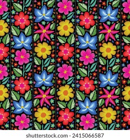 Mexican flower traditional pattern background. Mexican ethnic embroidery decoration ornament. Flower symmetry texture. Ornate folk graphic, wallpaper. Festive mexican floral motif. Vector illustration