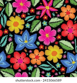 Mexican flower traditional pattern background. Mexican ethnic embroidery decoration ornament. Flower symmetry texture. Ornate folk graphic, wallpaper. Festive mexican floral motif. Vector illustration