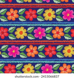 Fondo tradicional de flores mexicanas. El adorno de decoración de bordado étnico mexicano. Textura de simetría de flores. Dibujo folclórico, fondo de pantalla. Motif floral mexicano festivo. Ilustración del vector