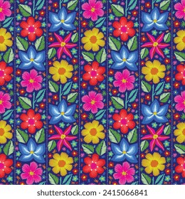 Fondo tradicional de flores mexicanas. El adorno de decoración de bordado étnico mexicano. Textura de simetría de flores. Dibujo folclórico, fondo de pantalla. Motif floral mexicano festivo. Ilustración del vector