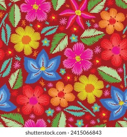 Fondo tradicional de flores mexicanas. El adorno de decoración de bordado étnico mexicano. Textura de simetría de flores. Dibujo folclórico, fondo de pantalla. Motif floral mexicano festivo. Ilustración del vector