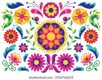 Mexican flower traditional pattern background. Ethnic embroidery decoration ornament. Flower symmetry texture. Ornate folk graphic, wallpaper. Festive mexican floral motif. Vector illustration