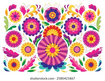 Mexican flower traditional pattern background. Ethnic embroidery decoration ornament. Flower symmetry texture. Ornate folk graphic, wallpaper. Festive mexican floral motif. Vector illustration