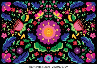 Mexican flower traditional pattern background. Ethnic embroidery decoration ornament. Flower symmetry texture. Ornate folk graphic, wallpaper. Festive mexican floral motif. Vector illustration