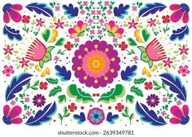 Mexican flower traditional pattern background. Ethnic embroidery decoration ornament. Flower symmetry texture. Ornate folk graphic, wallpaper. Festive mexican floral motif. Vector illustration