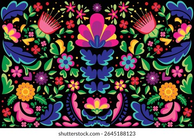 Mexican flower traditional pattern background. Ethnic embroidery decoration ornament. Flower symmetry texture. Ornate folk graphic, wallpaper. Festive mexican floral motif. Vector illustration
