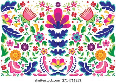 Fondo de patrón tradicional de flor mexicana. Ornamento étnico de la decoración del bordado. Textura de simetría floral. Gráfico folclórico adornado, Fondo de pantalla. Motivo floral mexicano festivo. Ilustración vectorial