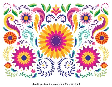 Fondo de patrón tradicional de flor mexicana. Ornamento étnico de la decoración del bordado. Textura de simetría floral. Gráfico folclórico adornado, Fondo de pantalla. Motivo floral mexicano festivo. Ilustración vectorial