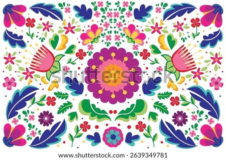 Mexican flower traditional pattern background. Ethnic embroidery decoration ornament. Flower symmetry texture. Ornate folk graphic, wallpaper. Festive mexican floral motif. Vector illustration