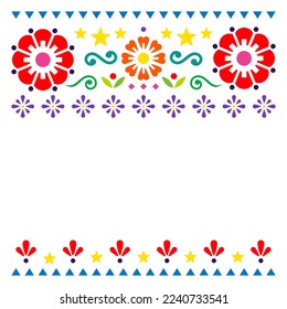 Mexican flowers pattern, retro folk art style vector greeting card or invitation design. Traditional vibrant decoration wtih flowers and leaves, happy backgorund inspired by hand crafts from Mexico

