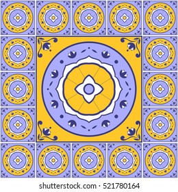 Mexican flowers pattern tiles floor vector - vintage with ceramic cement tiles. Big tile in center is framed in small. Background with portuguese azulejo, talavera, spanish, italian majolica motifs.