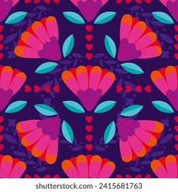 Mexican flowers seamless pattern. Vibrant symmetric floral pattern in traditional mexican style.Use for Hispanic heritage month,day of death decor, surface, print,textile,template,tile design 