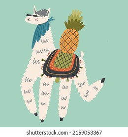 Mexican Fluffy Cool Llama Character With Sunglasses On Blue Background. Alpaca Animal Hand Drawn Doodle Naive Design Vector Art Clipart Illustration