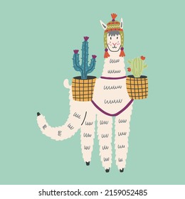 Mexican Fluffy Llama Character With Cacti On Blue Background. Alpaca Animal Hand Drawn Doodle Naive Design Vector Art Clipart Illustration