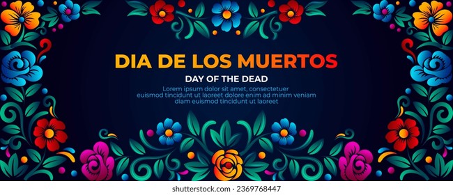 Pancarta de arte folclórico mexicano, pancarta del Día de los Muertos con el colorido cráneo de azúcar y flores mexicanas