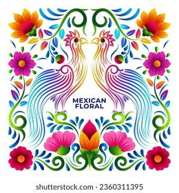 Mexican Folk Art Birds with Colorful Embroidery Ethnic Flowers Illustration