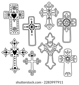 Mexican folk art crosses set. Hand drawn vector illustration isolated on background. Outline stroke is not expanded, stroke weight is editable.