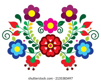 Patrón vectorial de estilo de bordado de arte folclórico mexicano con flores, vibrante patrón de tarjetas de felicitación inspirado en el arte folclórico de México. Decoración floral de la naturaleza, elemento de diseño de impresión textil o de tela

 