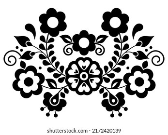 Patrón vectorial de estilo de bordado de arte folclórico mexicano con flores, patrón de tarjetas de felicitación en blanco y negro inspirado en el arte folclórico de México. Decoración floral monocroma de la naturaleza, impresión textil o de tela 