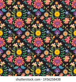 Mexican folk art floral seamless pattern