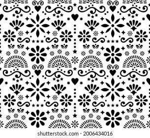 Mexican folk art floral seamless vector pattern, black and white design with hearts, flowers and swirls inspired by traditional ornaments from Mexico. Happy repetitive floral background 