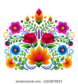 Mexican folk art floral vector,  Dia de los muertos flower badge vector design