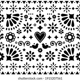 Mexican folk art monochrome seamless vector pattern, design with flowers and birds inspired by traditional ornaments from Mexico. Happy repetitive floral background with swirls and heart 