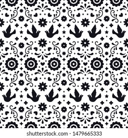 Mexican folk art seamless pattern with flowers, leaves and birds on white background. Traditional design for fiesta party. Floral ornate elements from Mexico. Mexican folklore ornament.