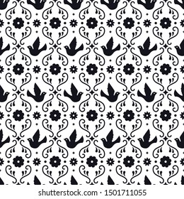 Mexican folk art seamless pattern with flowers, leaves and birds on white background. Traditional design for fiesta party. Floral ornate elements from Mexico. Mexican folklore ornament.