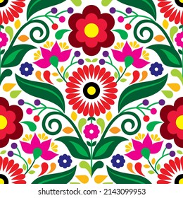 El arte folclórico mexicano se caracteriza por un patrón vectorial sin fisuras con flores y hojas, diseño de impresión textil o de tela inspirado en artesanías tradicionales de bordado de México. Ornamento repetitivo floral, decoración vibrante