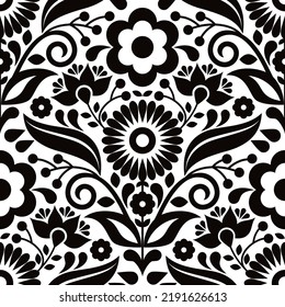 Arte folclórico mexicano con un patrón vectorial sin fisuras con flores y hojas, diseño de impresión textil o de tela inspirado en artesanías tradicionales de bordado de México
 
Ornamento repetitivo floral, diseño monocromo