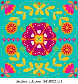 Mexican folk art style background. Symmetrical floral pattern.Use for holidays, art templates, invitation, event, postcard