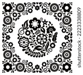 Mexican folk art style vector round floral pattern in frame, black and white greeting card or wedding invitation design inspired by traditional embroidery from Mexico. Monochrome mandala decoration 