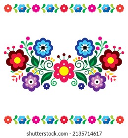 Mexican folk art style vector floral greeting card on invitation pattern inspired by traditional embroidery. Colorful ornament with flowers,  retro decor from Mexico

 