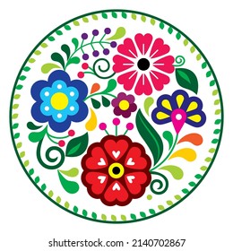 Mexican Folk Art Style Vector Round Floral Pattern In Frame, Nature Mandala Composition Inspired By Traditional Embroidery Designs From Mexico. Vibrant Decoration Flowers And Border With Leaves