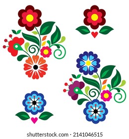 Patrón vectorial de estilo folklórico mexicano con hojas de flores y corazón, tarjeta de saludo con elementos de diseño de invitación inspirados en bordado tradicional de México
 