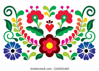 Mexican folk art style vector greeting card or wedding invitation design, traditional pattern set with flowers leaves and heart. Vibrant floral ornament inspired by embroidery art from Mexico