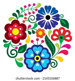 Mexican folk art style vector mandala floral patter, nature composition in circle inspired by traditional embroidery designs from Mexico .Vibrant round decoration elements flowers