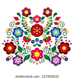 Mexican folk art style vector floral design, retro colorful pattern inspired by traditional embroidery from Mexico. Vibrant background with flowers, swirls and leaves perfect for greeting card 