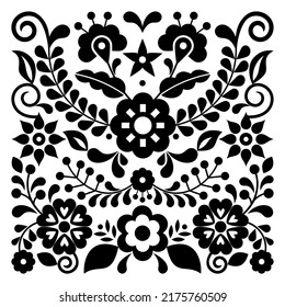 Estilo folk mexicano vectorial tarjeta de saludo floral diseño cuadrado, patrón retro vibrante inspirado en el bordado tradicional de México en blanco y negro. Fondo único con flores y remolinos